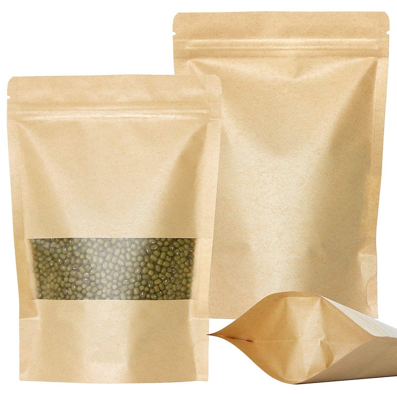 SumDirect Kraft Stand Up Pouches - 50Pcs Resealable Kraft Paper Stand Up Bags with Window, Zipper Disposable Food Storage Bags for Home or Business (50, 5.5x7.8inch) - Image 1